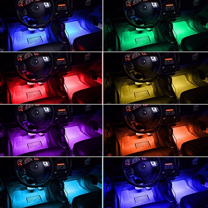 Bộ 4 dây đèn LED 7 màu cho ô tô, Dây đèn led trang trí, đèn nháy theo nhạc