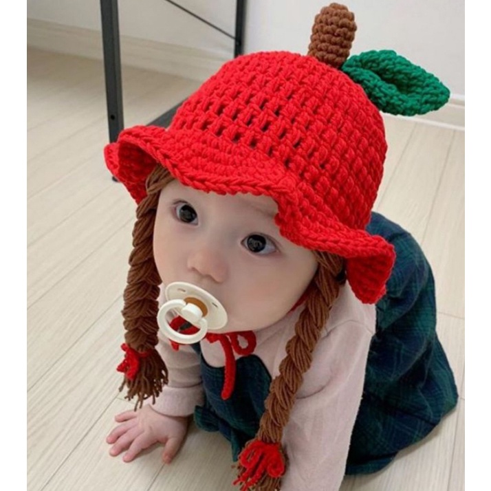 Mũ Beanie Dệt Kim Đính Tóc Giả Thắt Bím Dễ Thương Cho Bé Gái