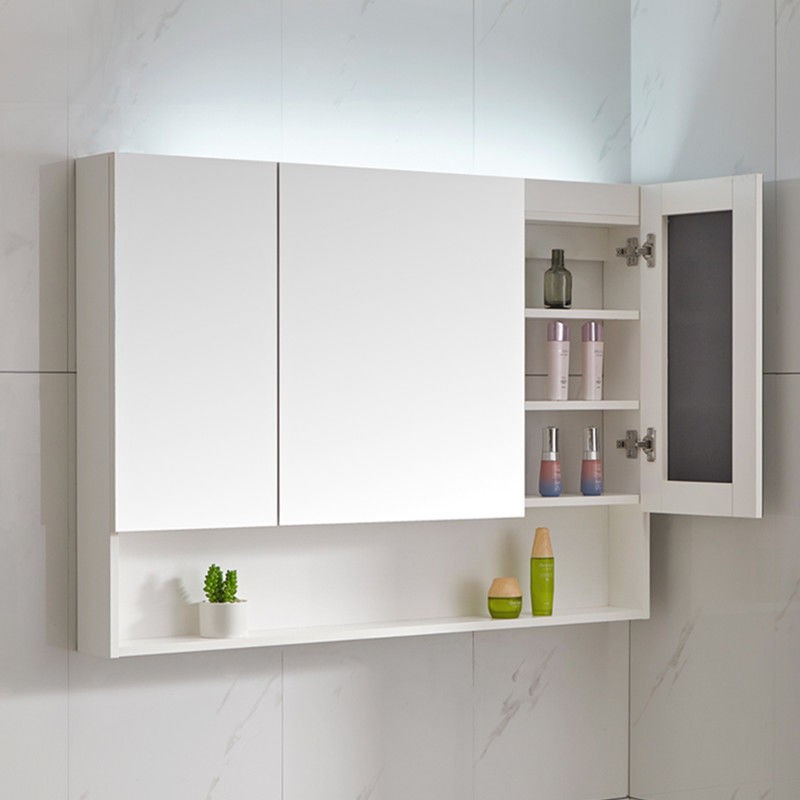 Tủ gương phòng tắm bằng gỗ nguyên khối treo tường nhà vệ sinh bàn trang điểm có kệ sáng tích hợp lưu trữ