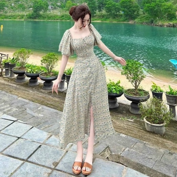 Đầm hoa tay phồng đính cúc xẻ tà cực xinh cho nàng đi chơi đi biển