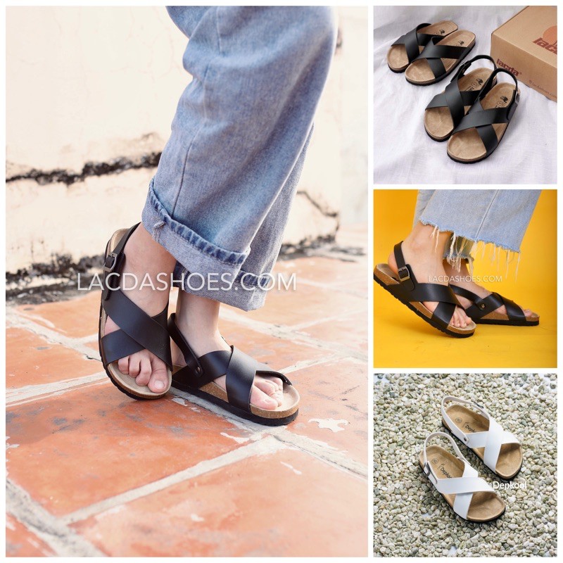 Giày sandal nam nữ unisex đế trấu da pu quai chéo chữ x