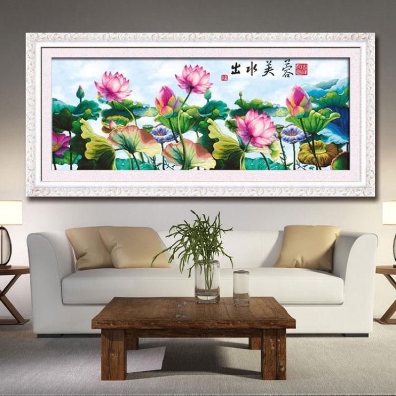 Tranh thêu chữ thập hoa sen - 180x80cm - 9CT thêu 4 sợi