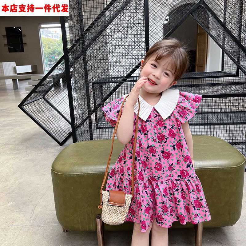 Váy bé gái hoa hồng tím cổ trắng dập ly XHN1001