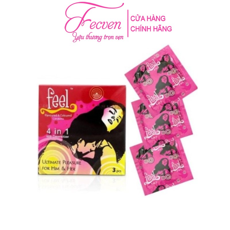 Bao Cao Su Feel 4 in 1 Kéo Dài Thời Gian Gân Gai Lằn Thắt Hộp 3 Chiếc FECVEN