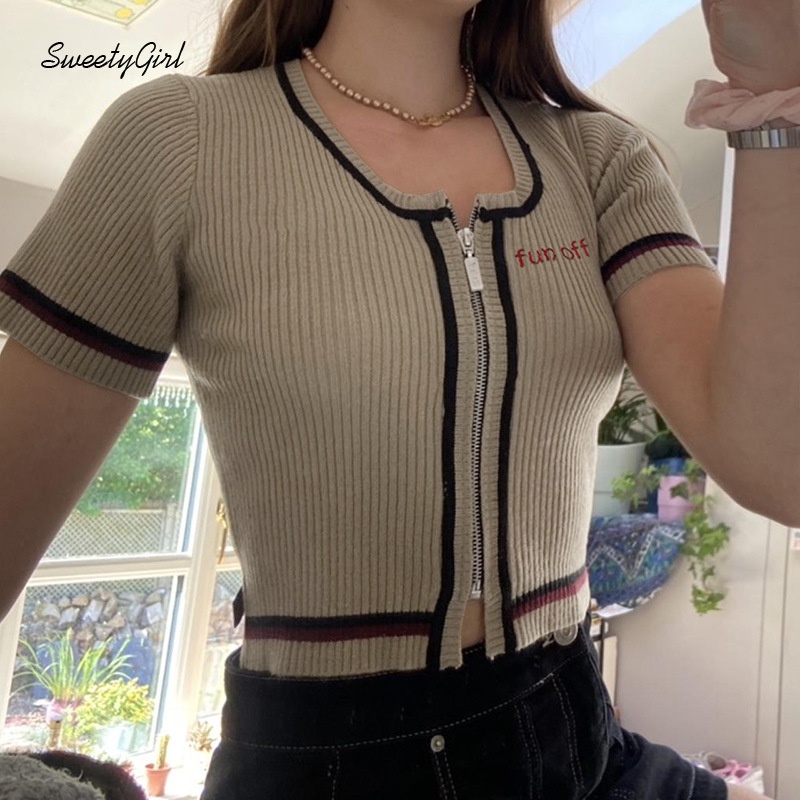 Áo Thun Tay Ngắn Cổ Tròn Màu Trơn Có Khóa Kéo Thêu Chữ Thời Trang 2022 Cho Nữ