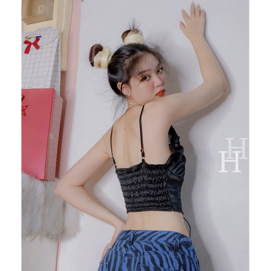 Áo croptop ngắn đan dây viền bèo màu đen &amp; trắng HAC141 Hỉn Hỉn Store