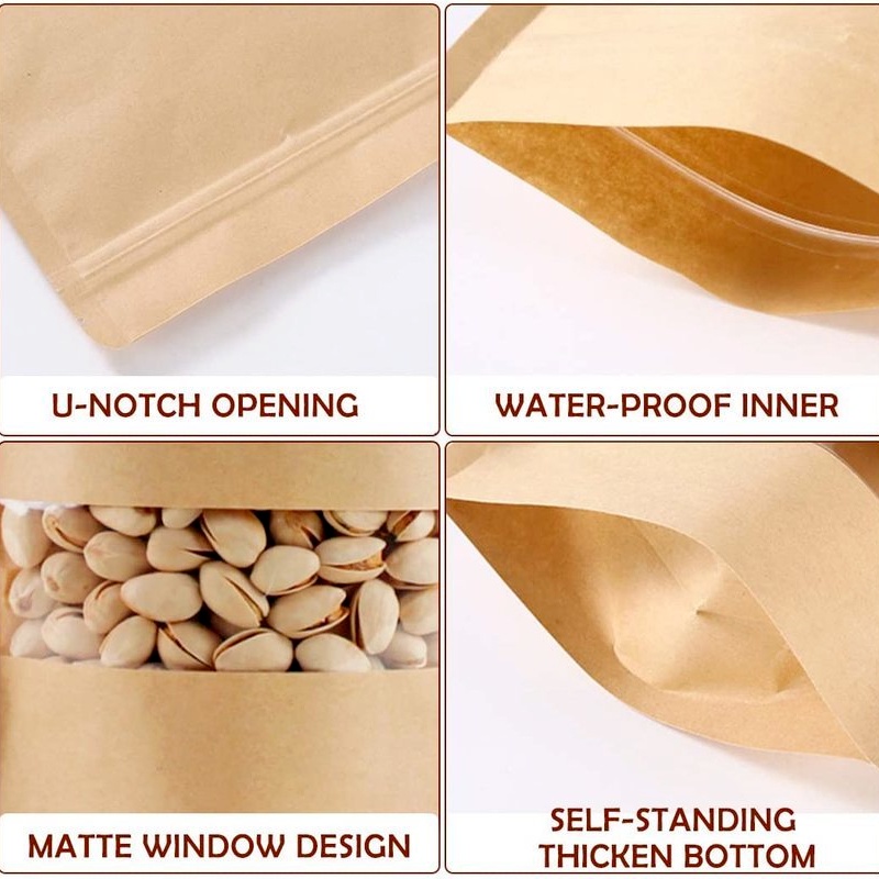 Set 10 Túi Giấy Kraft Màu Nâu Có Cửa Sổ Đứng Đựng Thực Phẩm Trà Cà Phê Kẹo Có Thể Tái Sử Dụng