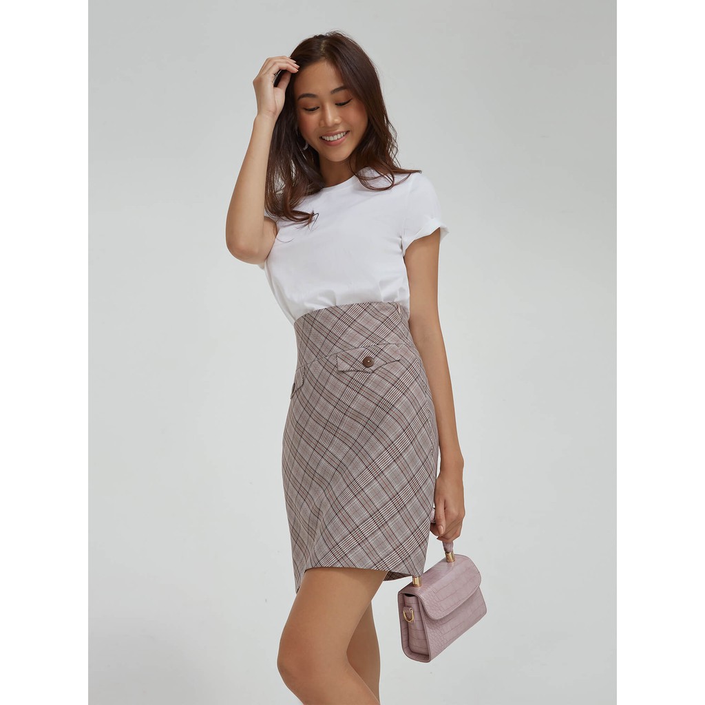 Chân váy caro nữ YV LE &amp; CO vải Poly Cotton màu xám caro hiện đại, trẻ trung