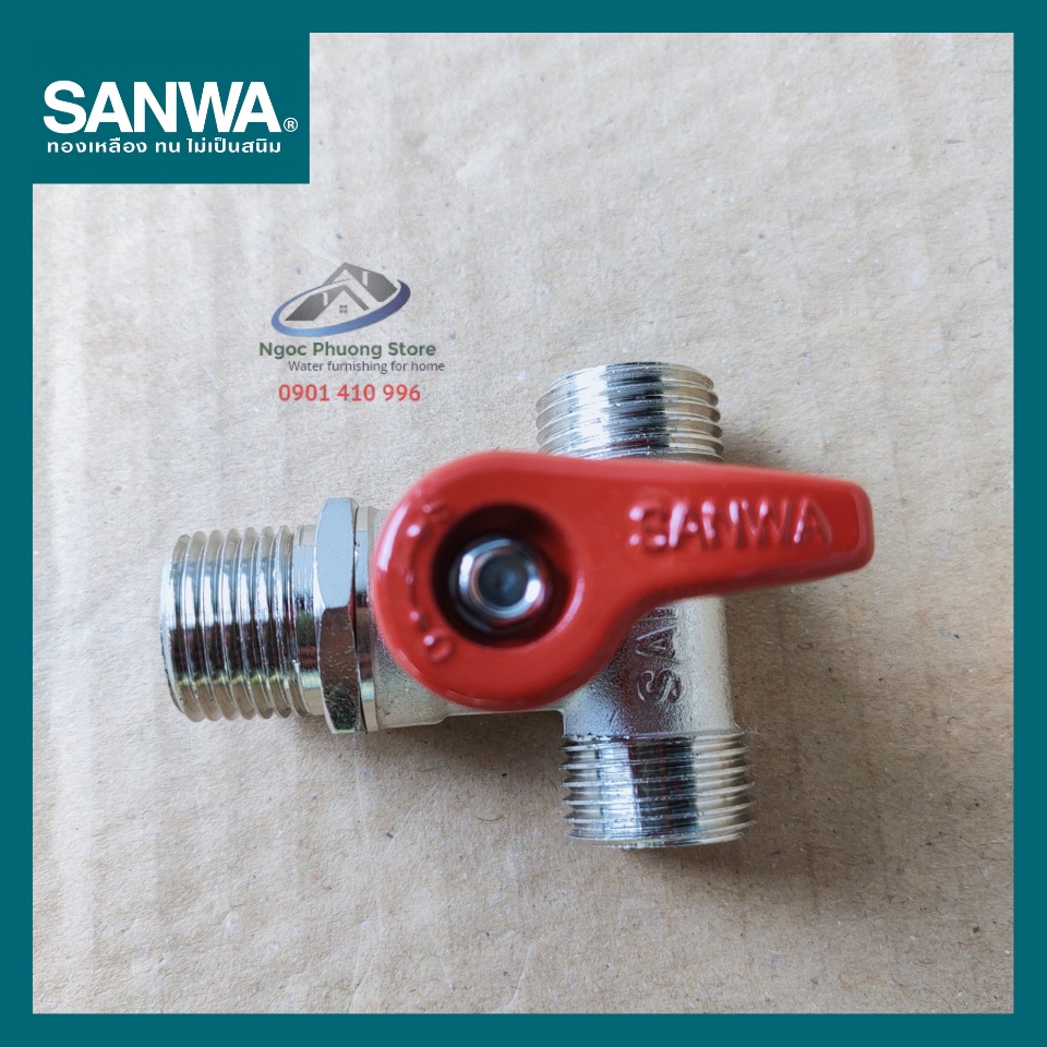 Van khóa, van bi Sanwa Thái Lan chia 3 đường nước, 3 đầu ren ngoài 1/2"  BV15MMM