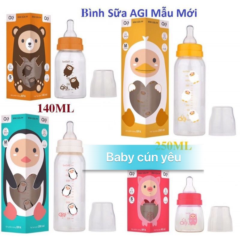 [CHÍNH HÃNG] BÌNH SỮA  AGI CỔ HẸP NHỰA PP ( MẪU MỚI) 60ML - 140ML - 250ML