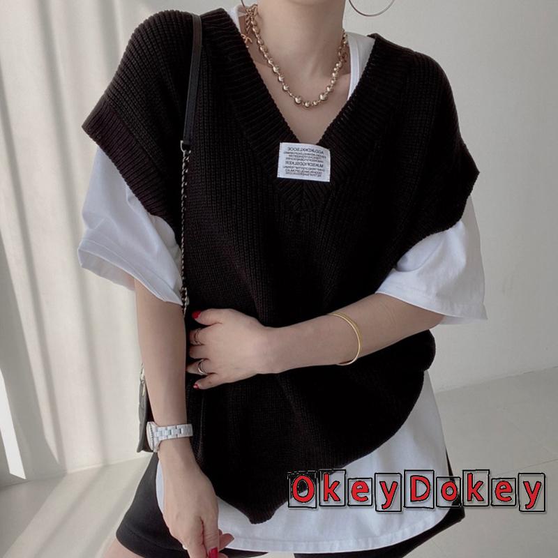 OKDK-Women Knitted Vest Letters Applique Pattern V-neck Cap Sleeve Knitwear