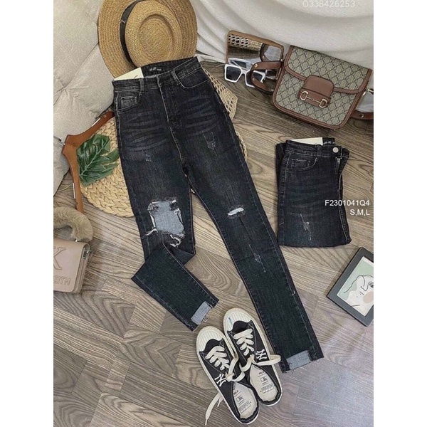 Quần jeans xám đen rách