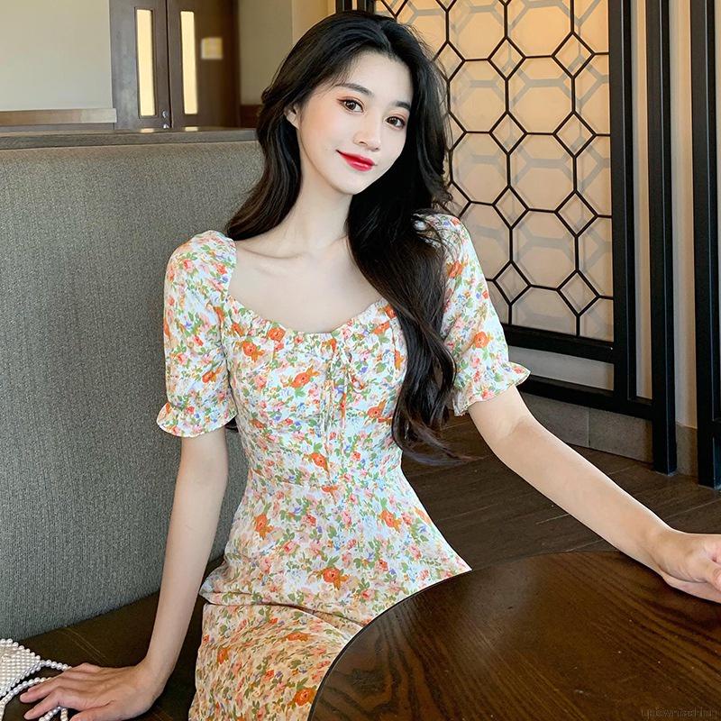 Đầm Hoa Cổ Vuông Xẻ Tà Thời Trang Mùa Hè Pháp