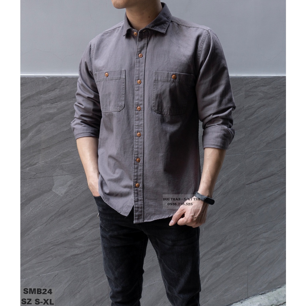 Sơ mi denim kaki túi ngực: chất dày dặn, co giãn, 4 màu vintage bụi bặm.