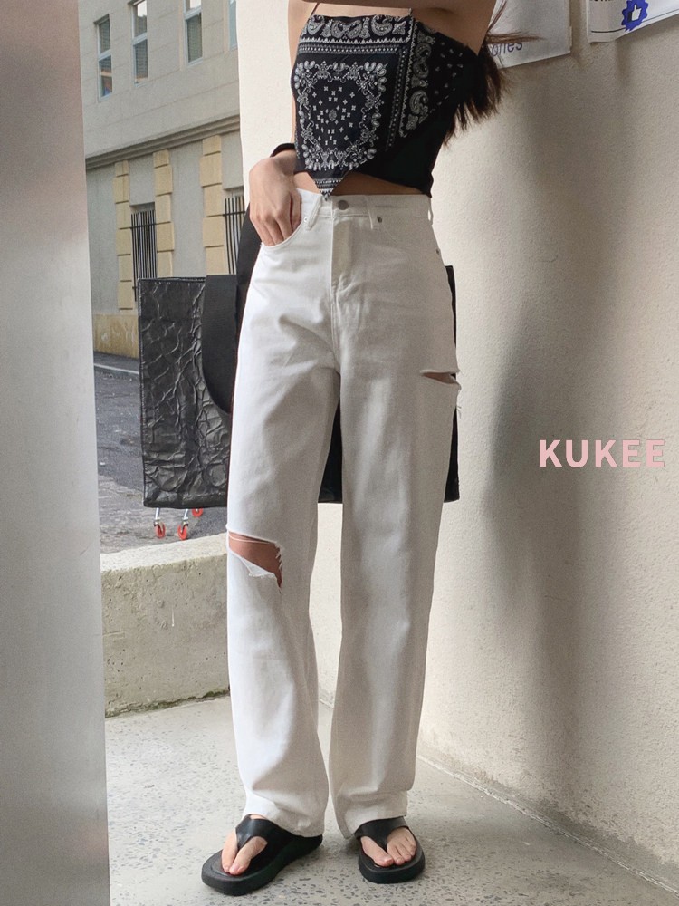 Quần Jeans Nữ Lưng Cao Ống Rộng Rách Gối Thời Trang Hè 2021 | BigBuy360 - bigbuy360.vn