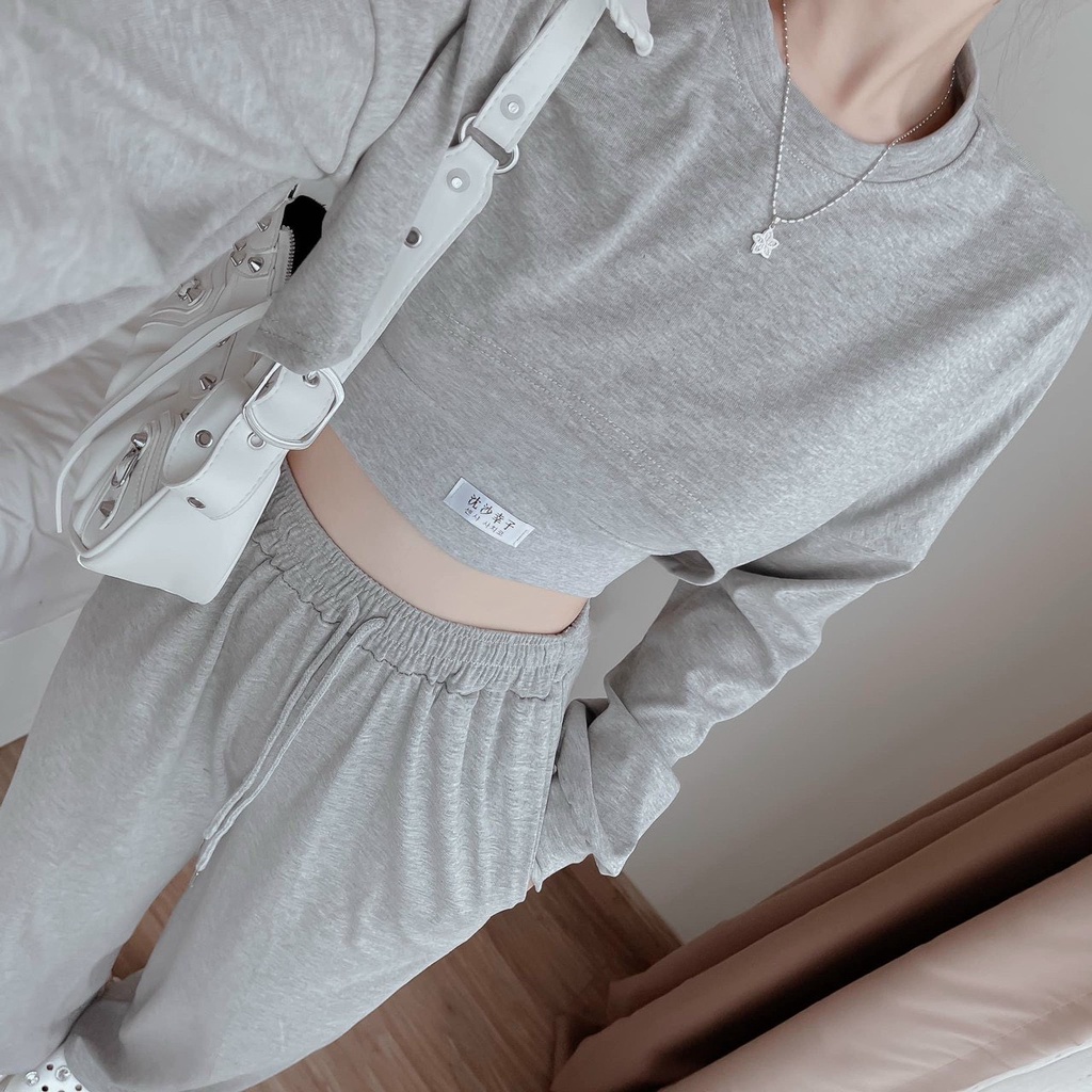 Sét đồ bộ nữ 3 món thiết kế tay dài quần ống rộng áo croptop trẻ trung năng động