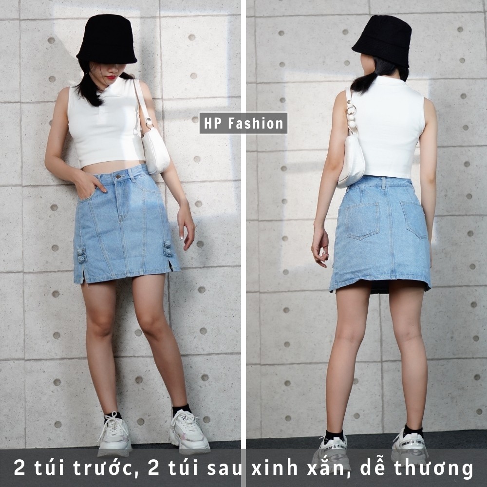 Chân váy jean chữ A xẻ tà cực xinh, chân váy bò nữ cạp lưng cao dáng ngắn trẻ trung - QJ29 - Happy Style