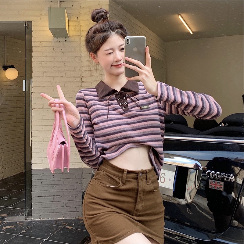 Áo dệt kim ZHELIHANGFEI tay dài cổ bẻ cột dây họa tiết kẻ sọc thời trang trẻ trung cho nữ