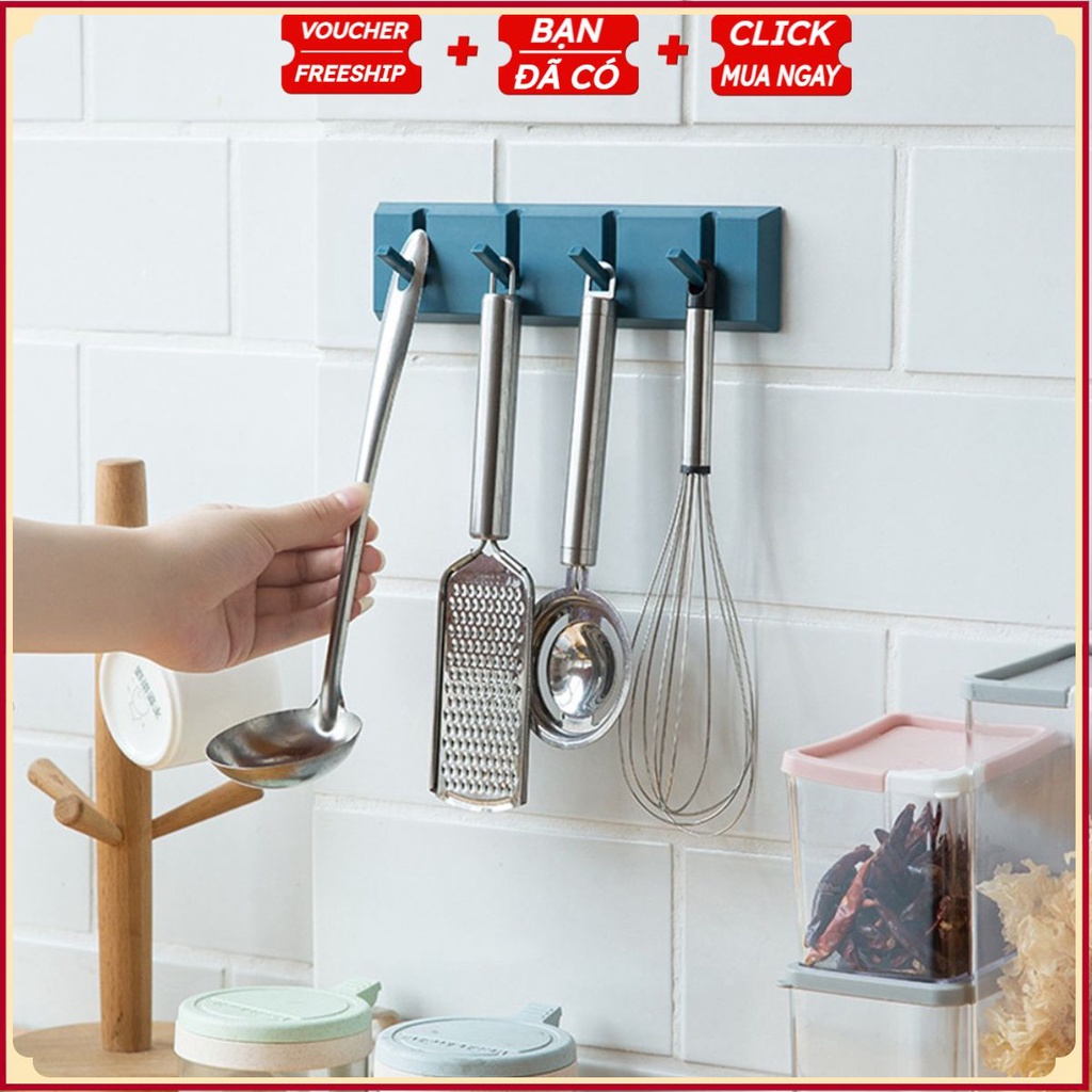 Móc Treo Đồ 4 MÓC V6 DÁNG NGANG - Size Lớn 21Cm - Dán Tường Đa Năng - Móc Treo Chìa Khóa, Quần Áo Tiện Lợi
