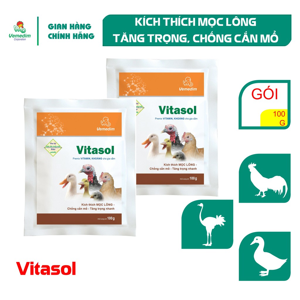 Vemedim Vitasol Kích thích mọc lông, tăng trọng, chống cắn mổ cho gia cầm, gói 100g