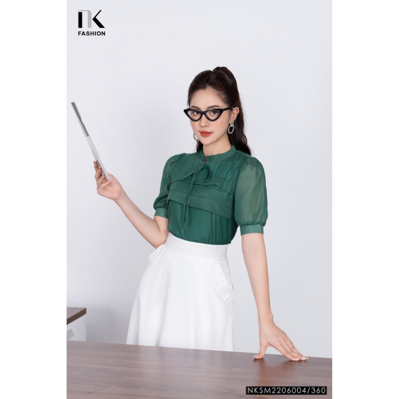 Áo Sơ Mi Nữ NK Fashion Thiết Kế Phối Tơ Thân Xếp Tay Bồng, Chất Vải Nhập Hàn Cao Cấp NKSM2206004