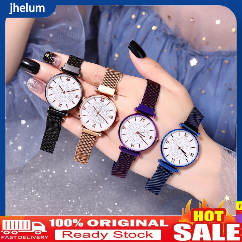 Đồng Hồ Đeo Tay Máy Quartz Mặt Tròn Đính Đá Có Nam Châm Thời Trang Cho Nữ