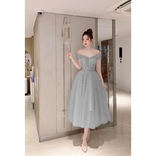 MS1246y ĐẦM CÔNG CHÚA BẸT VAI KẾT KIM SA TREO full size S/M/L/XL