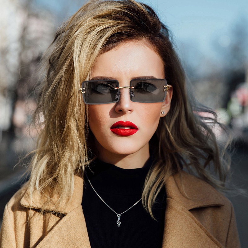 Kính Mát Gọng Chữ Nhật Không Viền Trong Suốt Phong Cách Vintage