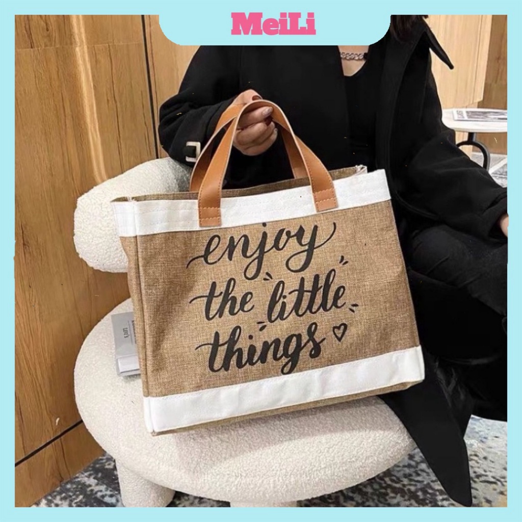 Túi Cói Đi Du Lịch, Biển Mẫu Mới 2022 Enjoy The Little Things Túi cói loại to (tuyển sỉ).