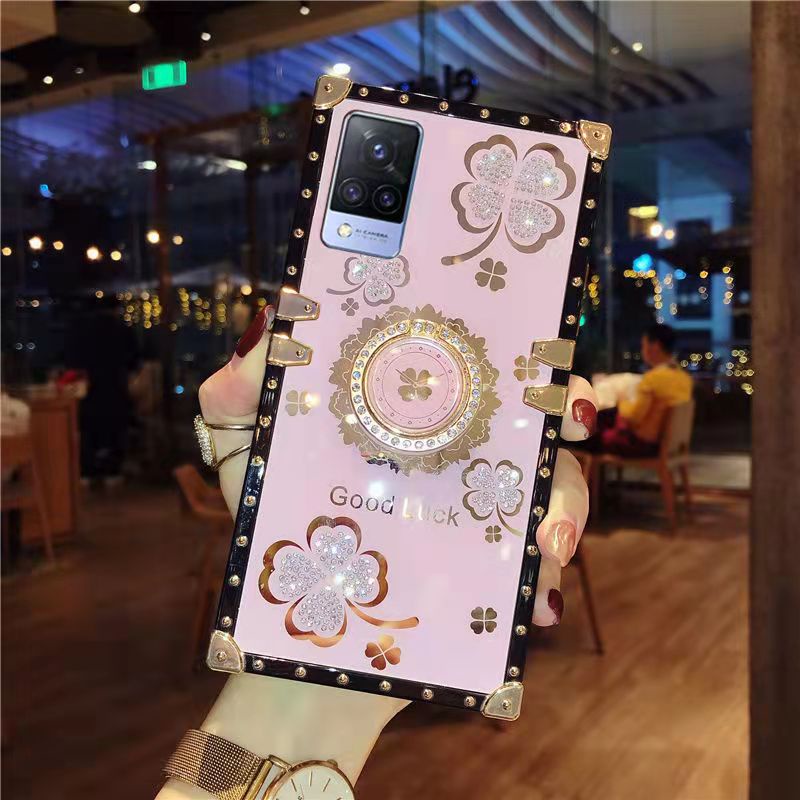 Ốp Điện Thoại Hình Vuông Đính Đá Lấp Lánh Kèm Giá Đỡ Nhẫn Cho Vivo Y15s Y21 Y73s Y20 Y30 Y19 Y95 Y11 Y15 Y72 Y51 2020