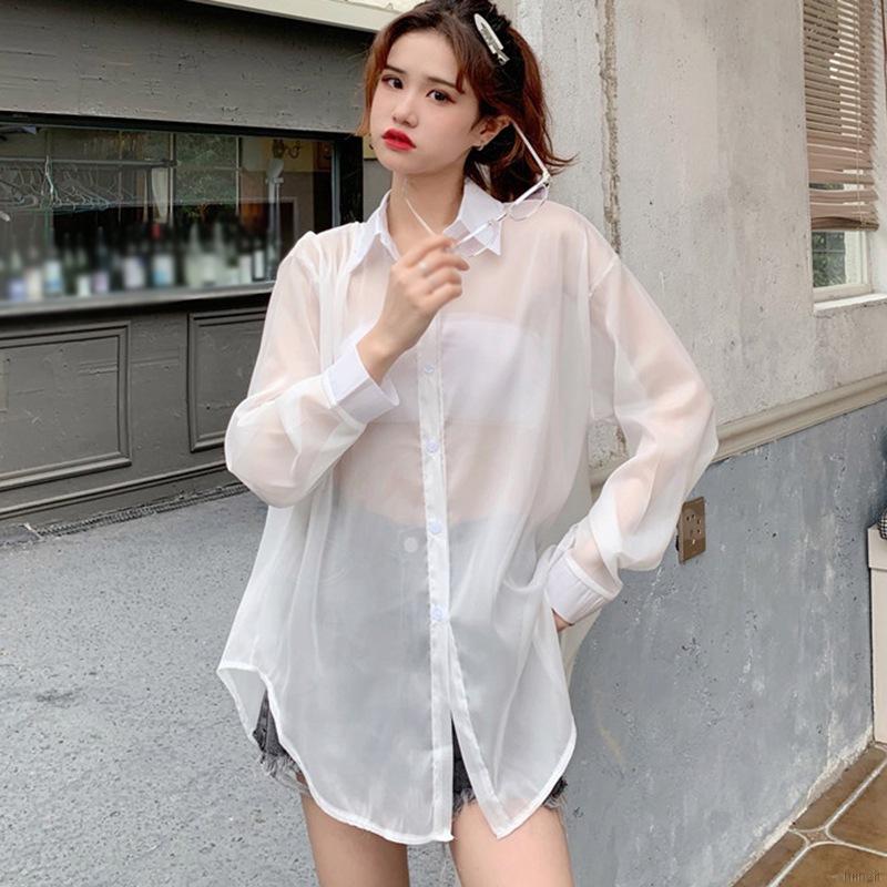 Áo Sơ Mi Chiffon Lụa Lạnh Mỏng Tay Dài Dáng Rộng Xẻ Lưng Thời Trang Mùa Hè Cho Nữ