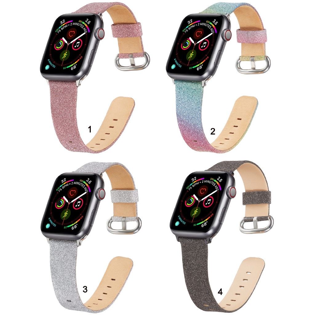 Dây đeo thay thế bằng da phủ kim tuyến lấp lánh kích thước 38mm 40mm 42mm 44mm cho Apple Watch