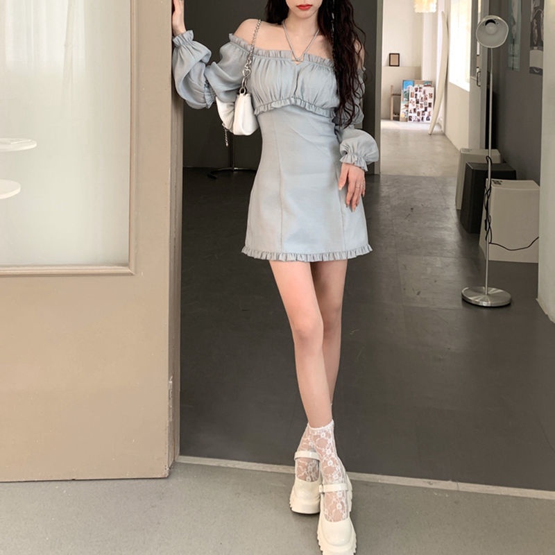 Đầm trễ vai tay phồng phong cách Pháp thời trang mùa thu xinh xắn dễ thương cho nữ