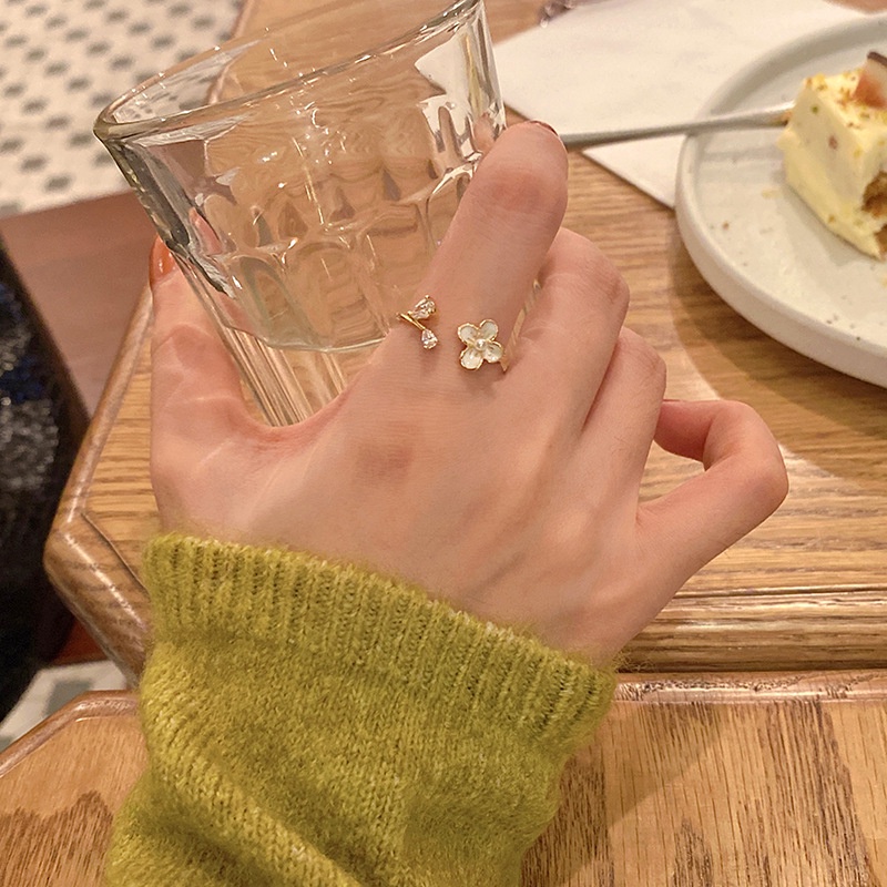 Korean Style Elegant Artificial Pearl Floral Adjustable Open Ring For Women
