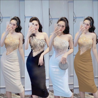Đầm váy body dự tiệc sang chảnh lệch vai phối lông kết hạt thủ công sắc xảo