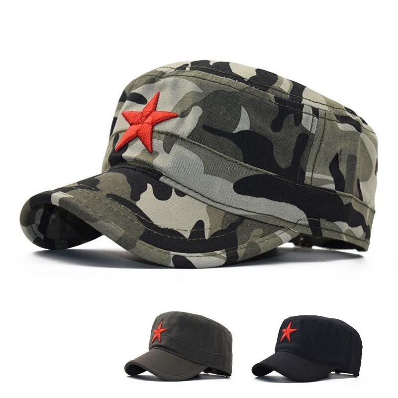 Camo Red Star Flat Top Hat Pentagram Đàn ông Phụ nữ Cotton Quân đội Quân đội Mũ cổ điển Honor