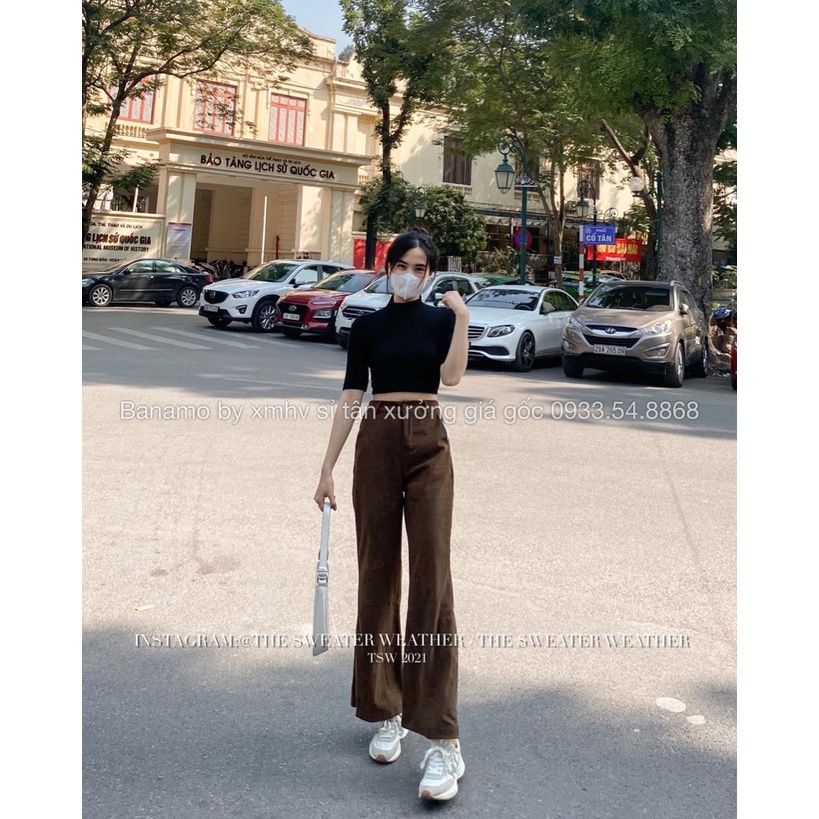 Quần ống loe cạp cao chất nhung tăm dài 100cm hack chân tôn dáng màu đen nâu kem thời trang Banamo Fashion 451 | WebRaoVat - webraovat.net.vn