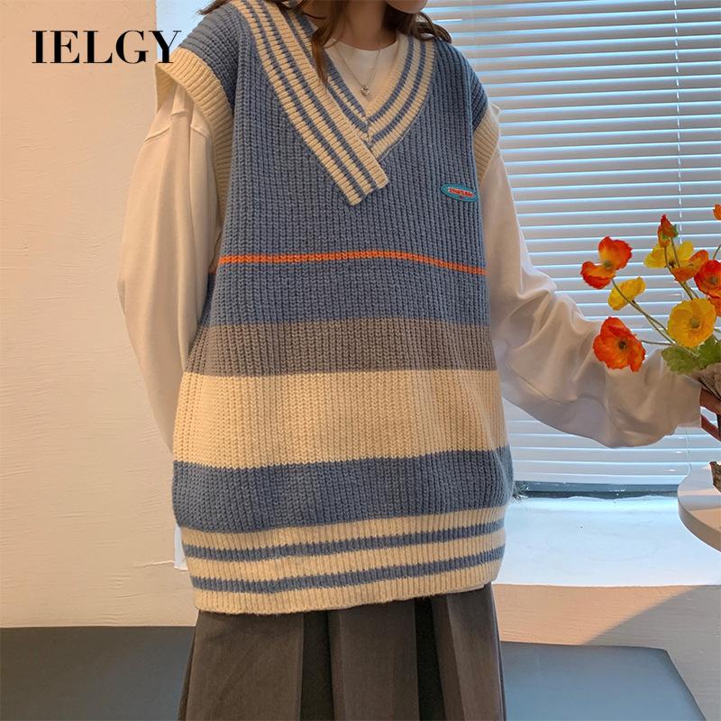 IELGY  Áo Len Không Tay Cổ Chữ V Màu Khối Thời Trang Dành Cho Nữ