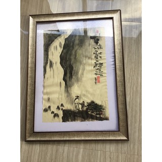 Tranh thư pháp thủy mặc- Bức tranh vẽ cảnh bậc cao nhân ngắm thác( kích thước 55x75cm)