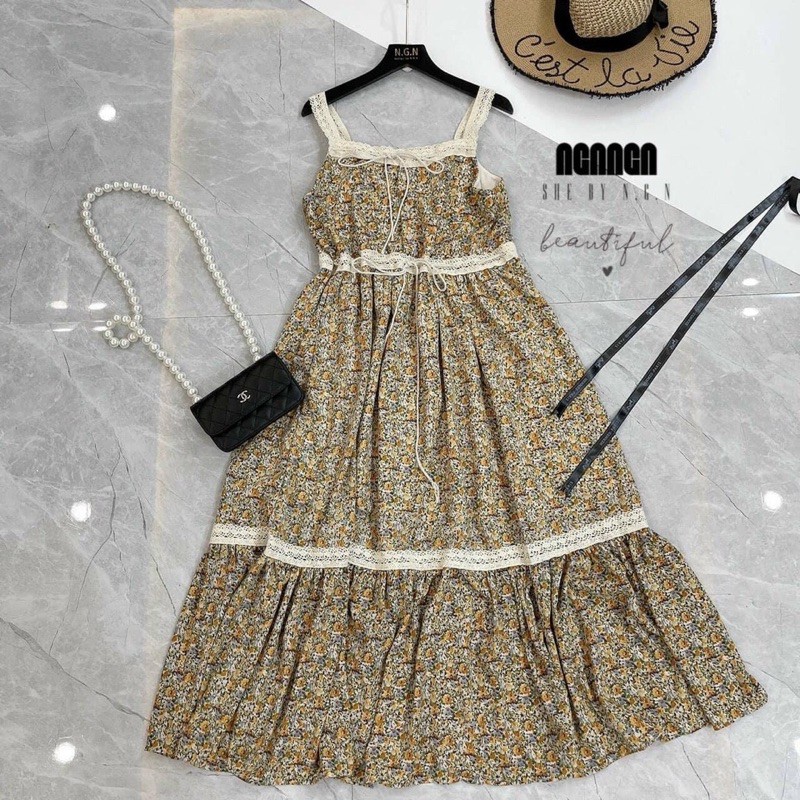 VN109 - VÁY 2 DÂY HOA VÀNG PHỐI REN TẦNG NỮ | BigBuy360 - bigbuy360.vn