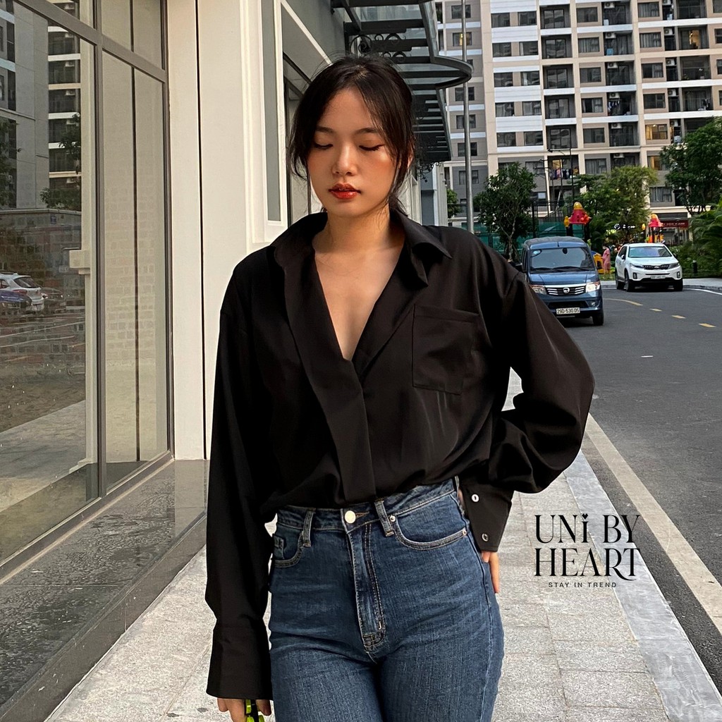 Áo sơ mi oversize Milan Shirt SMI004 thiết kế độc lạ, vạt lệch 2 cúc - Uni By Heart