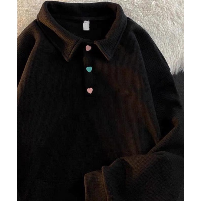Áo polo dài tay cúc tim Unisex [FREESHIP] Sweater form rộng phồng kiểu dáng basic cute hàn quốc peonyb ulzzang