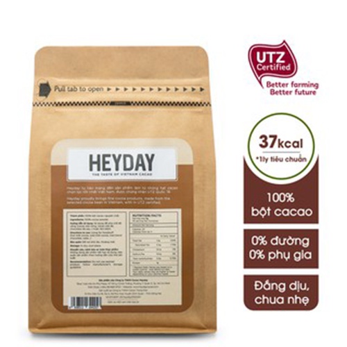 [Mua 1 tặng 1 muỗng inox] Túi 225g bột cacao nguyên chất 100% Heyday - Dòng Natural thuần tự nhiên, không kiềm hoá