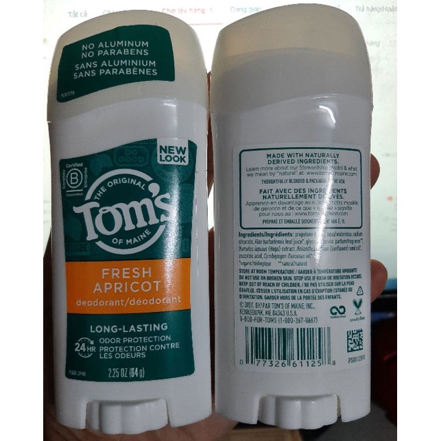 Lăn khử mùi Date 07-2023 ) TOM'S of MAINE FRESH APRICOT ( 64g ) - Hàng Mỹ