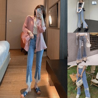 Quần jean ống loe phối ren thời trang thích hợp cho nữ