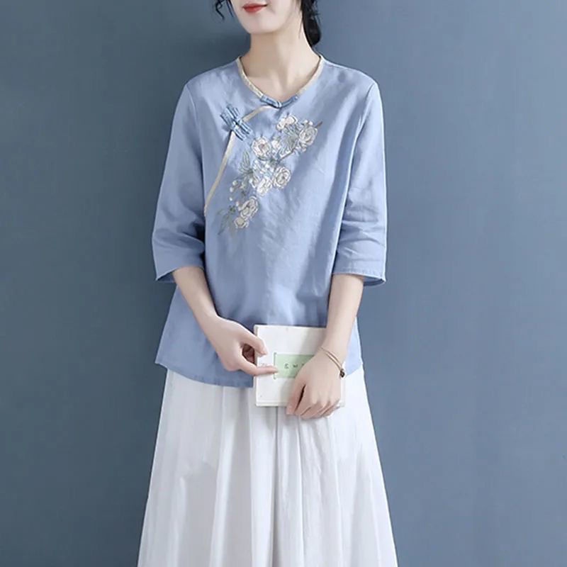 Áo Cotton Dáng Rộng Thêu Họa Tiết Thổ Cẩm Phong Cách Dân Tộc Cổ Điển Thời Trang Cho Nữ Size S 2022