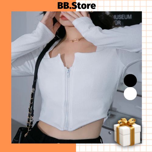 Áo Croptop Tay Dài Ôm Body Nữ, Áo Kiểu Croptop Tay Dài Cổ Vuông Có Dây Kéo BB.Store Đủ Size S,M,L