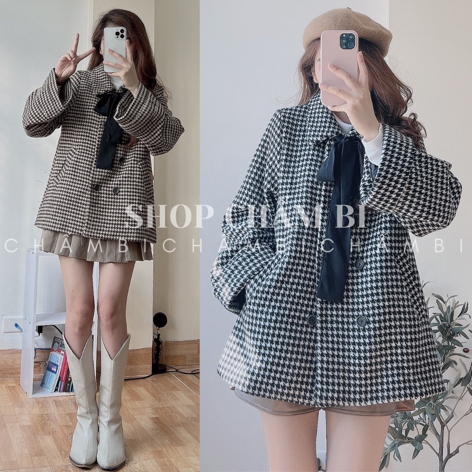 Áo Khoác Dạ Kẻ Caro Thắt Nơ Cổ Cực Xinh Freesize