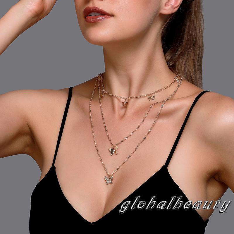 GB-Ladies Temperament Three Layers Necklace, Women Rhinestone Decoration Butterfly Pendant Necklace Female Jewelry Accessories