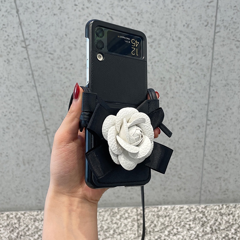 Bao Da pu Điện Thoại Nắp Lật Kèm Ngăn Đựng Thẻ Hình Hoa Trà Cho samsung galaxy z flip 5 4 3 flip4 flip3 5g